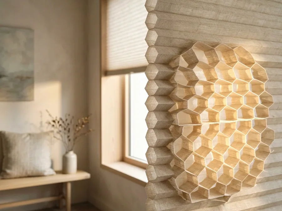 Close-up of a cellular honeycomb blind's air-cell structure catching afternoon sun in a Durbanville home
