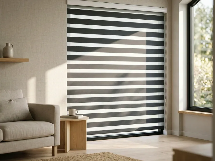 Charcoal-striped day/night blind banding soft light across a Durbanville living room