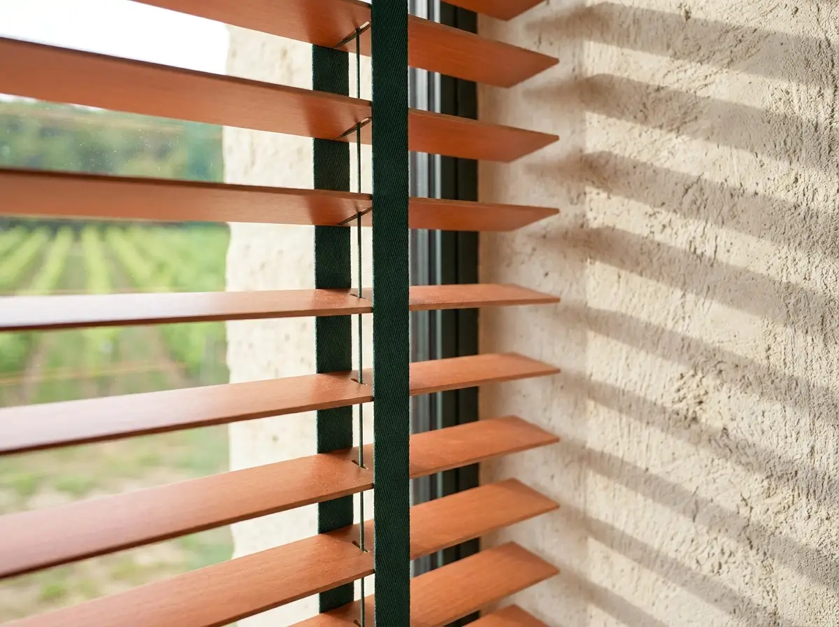 Close-up of a timber venetian blind's slats and ladder tape against a Durbanville vineyard view