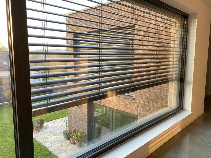 External aluminium venetian blind shading a window from outside the glass on a Durbanville home's brick facade