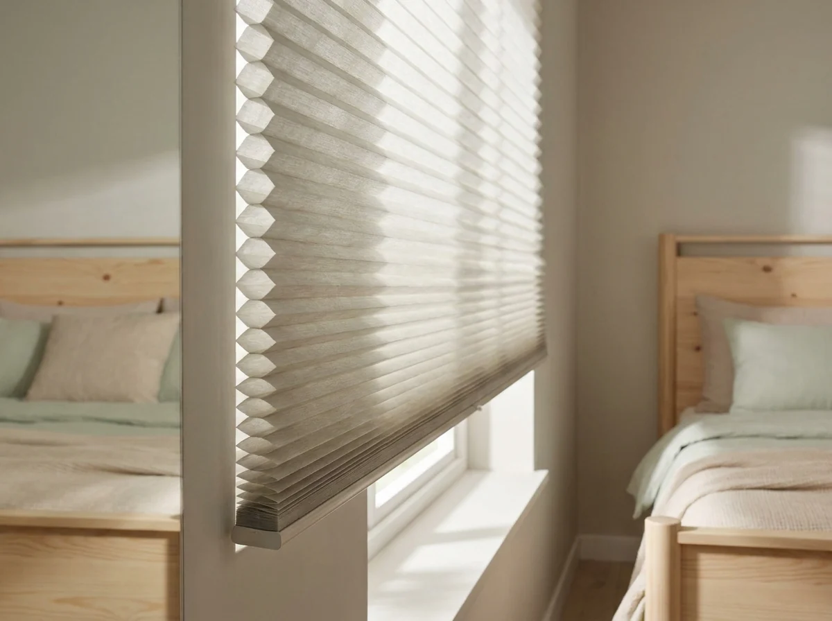 Side-on close-up of a cellular honeycomb blind showing the pleated hexagonal air-cell structure, in a calm Durbanville bedroom in soft morning light