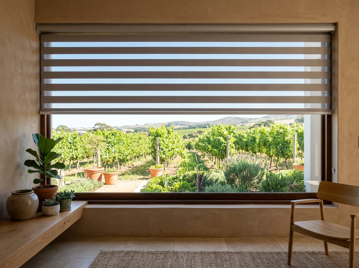A day/night double-roller blind on a wide Durbanville lounge window, its sheer and solid bands aligned to give a softly filtered view of a vineyard garden