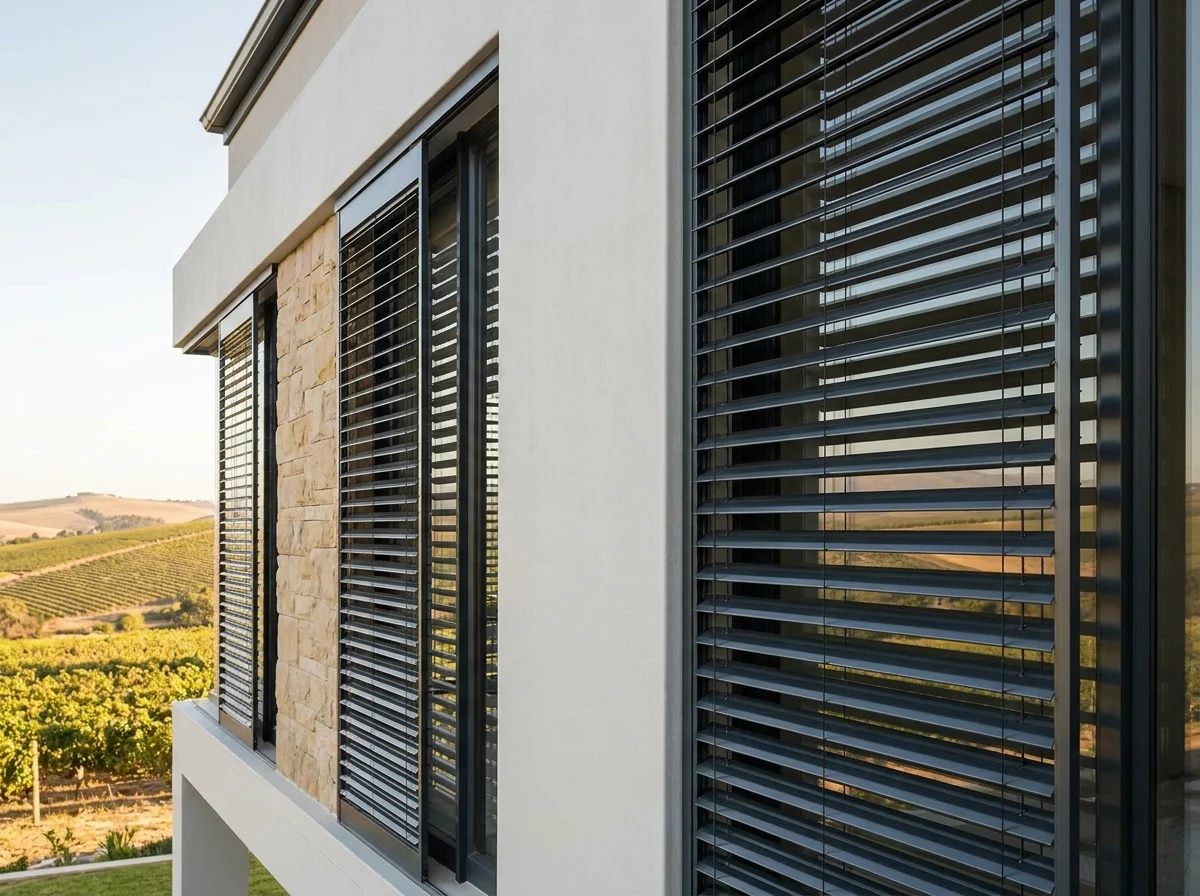 External aluminium venetian blinds mounted outside the glass on a modern Durbanville facade, horizontal slats tilted to cut the afternoon sun, vineyard hills behind