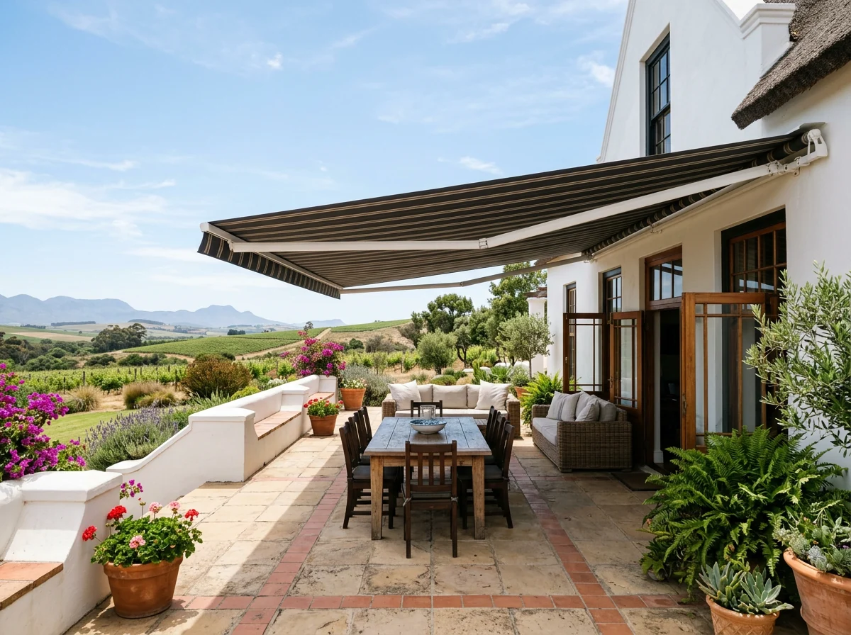 A folding-arm awning extended on folding metal arms over a Cape farmhouse-style stoep in Durbanville, shading an outdoor dining and lounge setting with vineyard hills behind