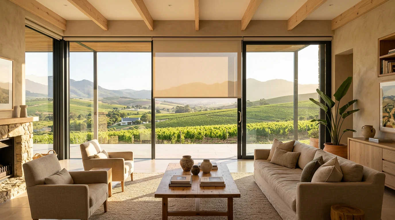 A Durbanville wine-valley living room in warm late-afternoon light, a single flat sunscreen roller blind part-lowered over floor-to-ceiling glass looking onto green vineyard hills