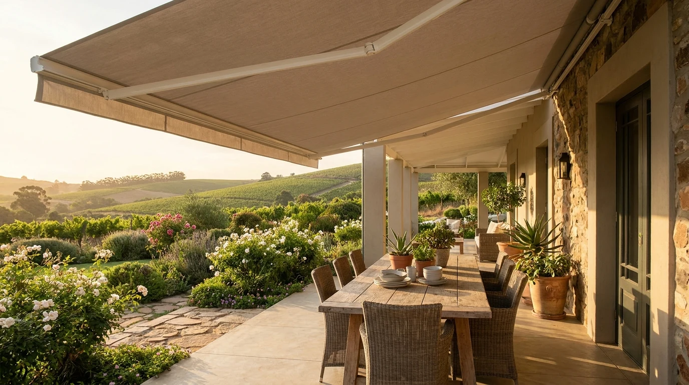 Wide covered stoep of a Durbanville wine-country home with a retractable folding-arm awning extended over the patio for shade