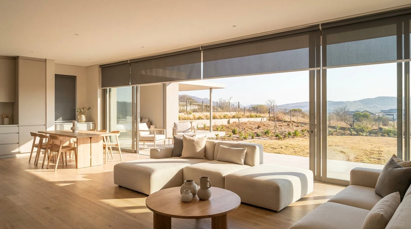 Bright open-plan living room in a new Graanendal lifestyle estate home with sleek motorised roller blinds and floor-to-ceiling glass