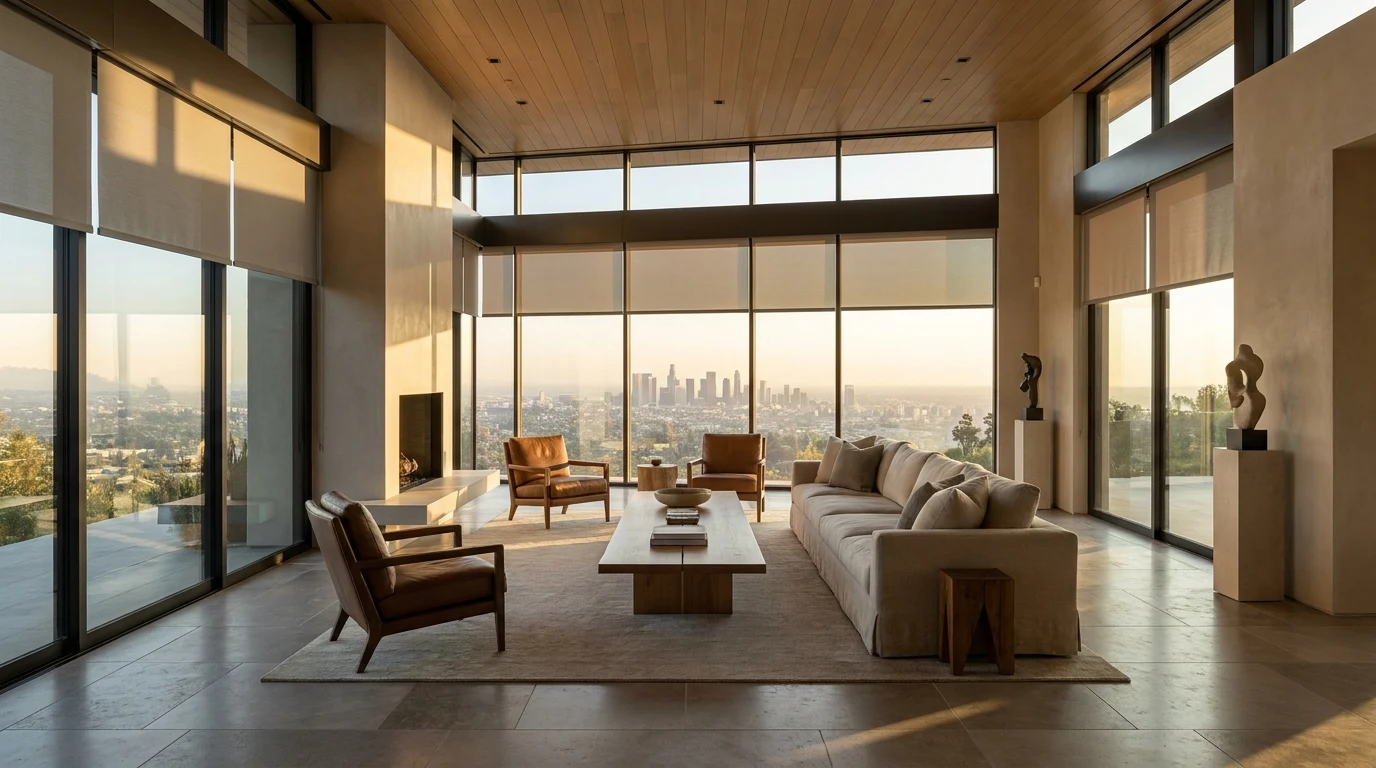 Spacious renovated Welgemoed living room with expansive glazing over the ridge and sleek motorised blinds in a clean neutral palette