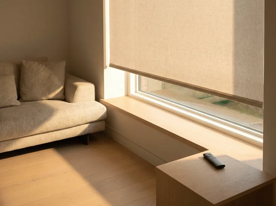 Motorised linen roller blind with its remote control on the side table in a Durbanville lounge