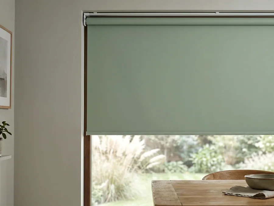 Sage-green roller blind lowered over a garden-facing dining window in a Durbanville home