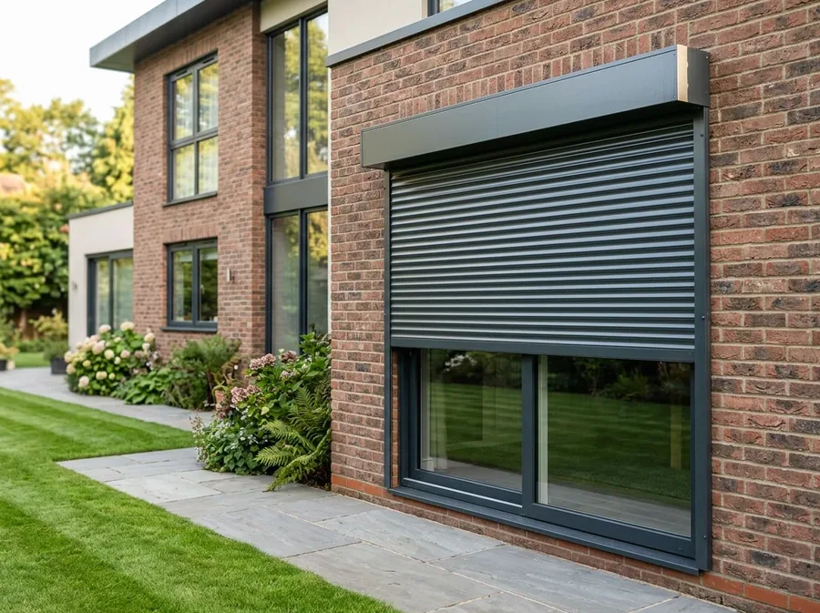 Charcoal aluminium roller shutter lowered over a window on a Durbanville home's brick facade