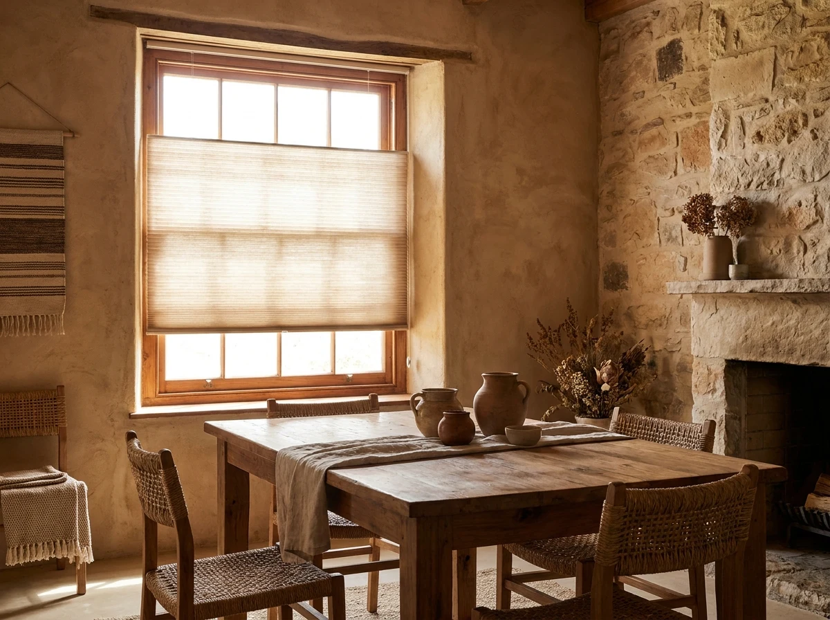 Clay and limestone toned Durbanville dining room with a cellular honeycomb pleated blind softening the bright daylight