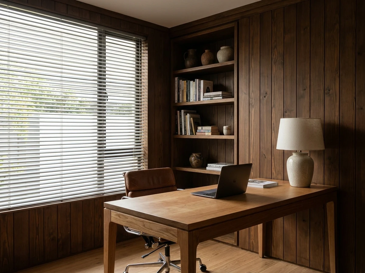 Durbanville home office with deep pine accents and aluminium venetian blinds tilted to filter daylight