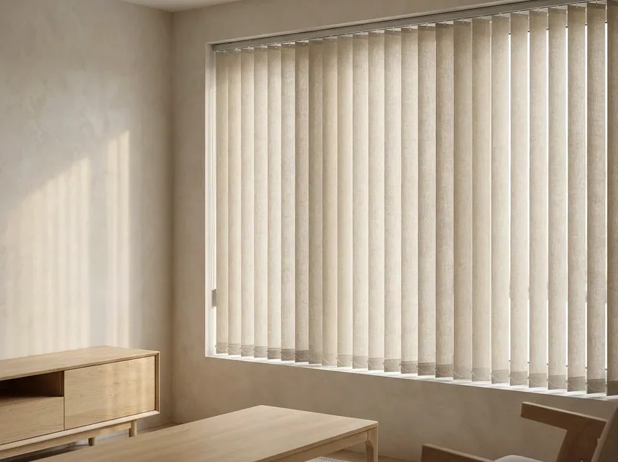 Cream vertical blind vanes drawn across a sliding door in a warm-toned Durbanville living space