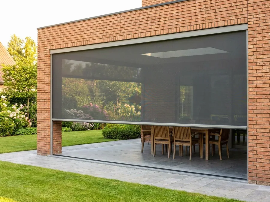 Charcoal zip screen enclosing a brick-built Durbanville patio dining area against the evening light